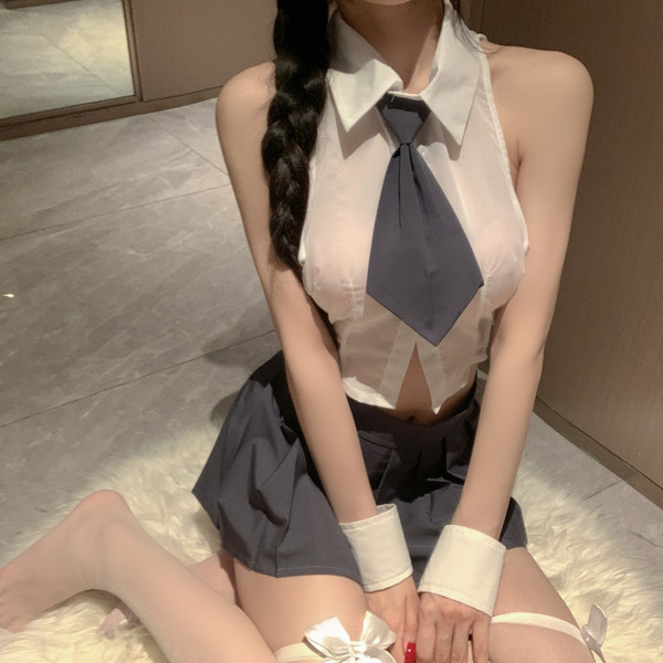 Pure love chiffon shirt & skirt set - sexy schoolgirl jk uniform outfit, no-undress stylish ensemble featuring a white blouse...