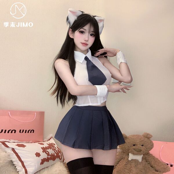 Pure love jimo schoolgirl chiffon shirt & pleated skirt set - cute jk uniform style lingerie outfit featuring cat ears and ti...