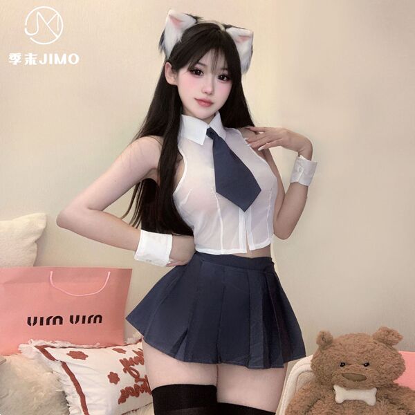 Pure love schoolgirl chiffon shirt & pleated skirt set - cute jk uniform style lingerie outfit featuring a white blouse, navy...