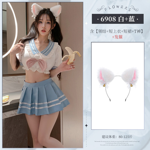 Feimu Pure Love Schoolgirl JK Set - Sweet Waist-Revealing Two-Piece Outfit, Sexy & Innocent Style - ◆Pure Love School Beauty◆ White + Blue [Bow Tie + Short Top + Short Skirt + T-shirt] + White Cat Ear Headband