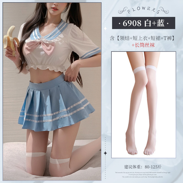 Feimu Pure Love Schoolgirl JK Set - Sweet Waist-Revealing Two-Piece Outfit, Sexy & Innocent Style - ◆Pure Love School Beauty◆ White + Blue [Bow Tie + Short Top + Short Skirt + Thong] + White Stockings