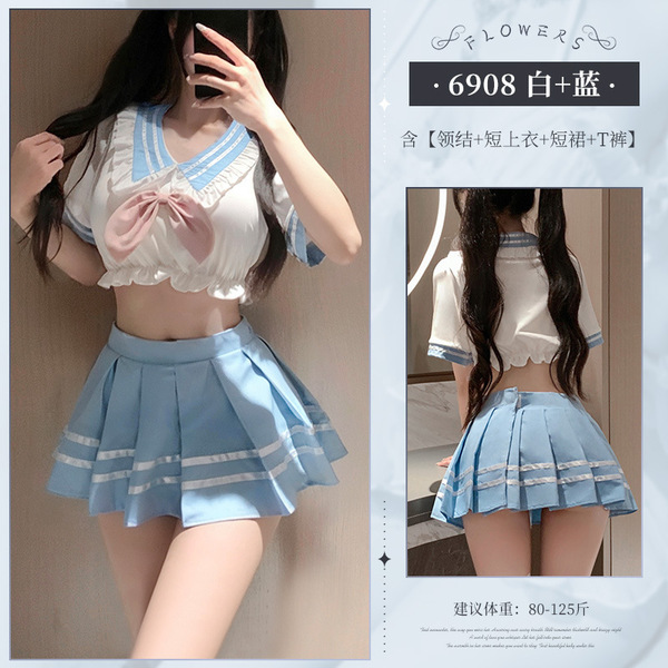 Feimu Pure Love Schoolgirl JK Set - Sweet Waist-Revealing Two-Piece Outfit, Sexy & Innocent Style - 6977890236397◆Pure Love School Beauty◆ White + Blue [Bow Tie + Short Top + Short Skirt + T-shirt]