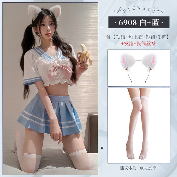 Feimu Pure Love Schoolgirl JK Set - Sweet Waist-Revealing Two-Piece Outfit, Sexy & Innocent Style - ◆Pure Love School Beauty◆ White + Blue [Bow Tie + Short Top + Short Skirt + Thong] + White Headband + White Stockings