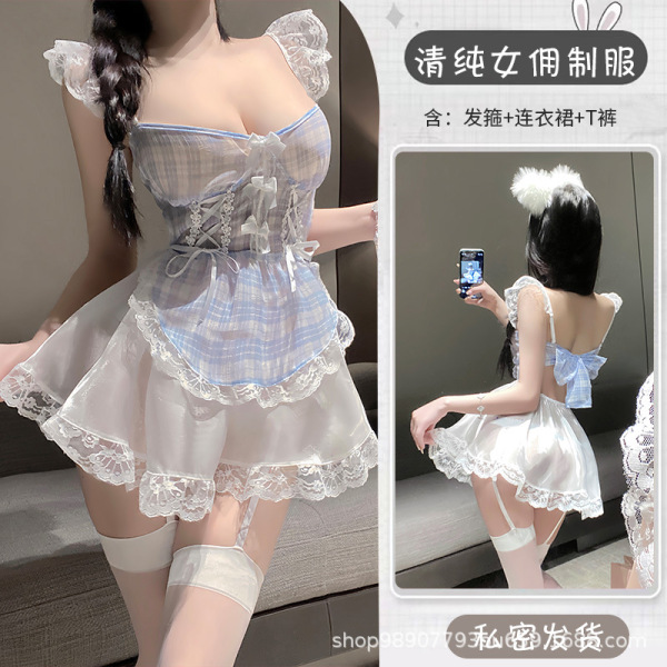 Tangdao Pure & Tempting Lingerie Set - Sheer Modest Sexy Sleepwear, Maid-Inspired Costume for Women - Pure and alluring maid outfit + matching stockings + headband