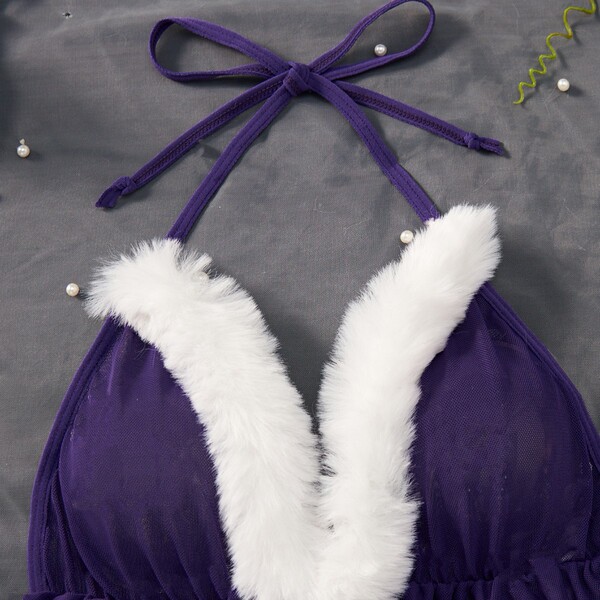 Purple velvet bunny lingerie set with white fur trim, halter neck top, and bow details for playful roleplay.