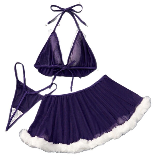 Purple velvet bunny girl lingerie set with halter top and fluffy trim skirt.