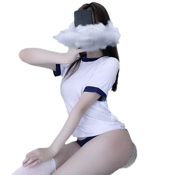 A woman poses with a cloud accessory over her eyes, wearing a white college girl-themed lingerie set featuring a matching bra...