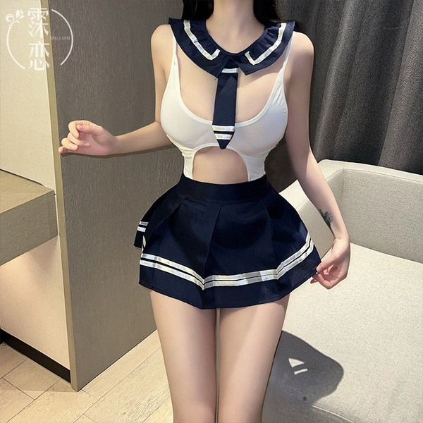 Pure & playful college uniform lingerie set featuring a busty-enhancing jk style with sheer lace details, perfect for rolepla...