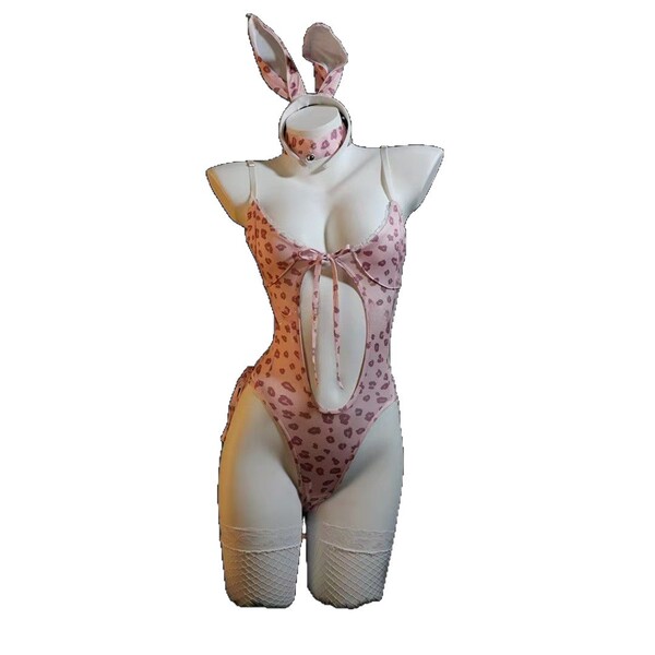 Pink leopard print bunny lingerie set with ears, choker, and fishnets on mannequin.