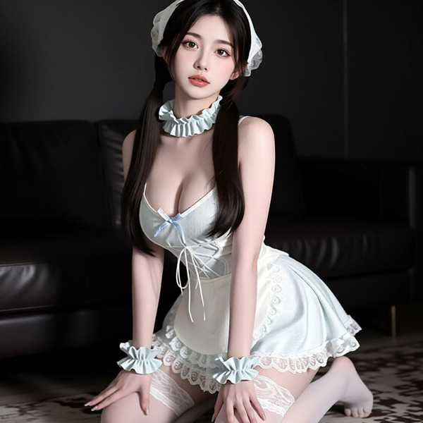 A woman poses in a cute maid costume from the pure & playful lingerie set, featuring sheer fabric and lace details for modest...