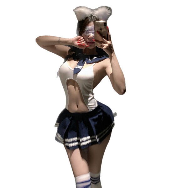 Woman in cute student-style jk lingerie set with bunny ears, posing playfully for a mirror selfie. perfect for sensual fun an...
