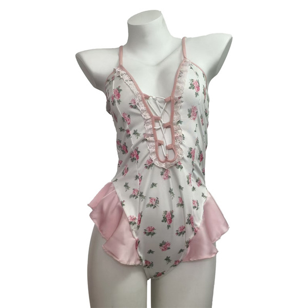 Pure & playful lingerie set - floral lace bodysuit with adjustable straps, no-remove sleepwear outfit featuring delicate pink...