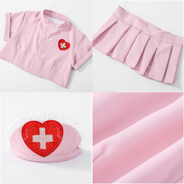 Pink nurse-themed lingerie set with heart emblem, featuring a cropped top, pleated skirt, and matching hat for playful allure...