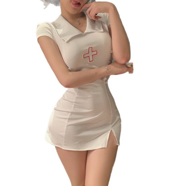 White nurse-themed lingerie set with red cross detail, featuring a short dress and playful design for women.