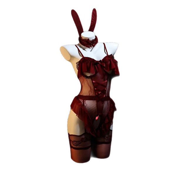 Pure & playful lingerie set: seductive bunny girl sleepwear with ears, bow, and garter straps for intimate moments.