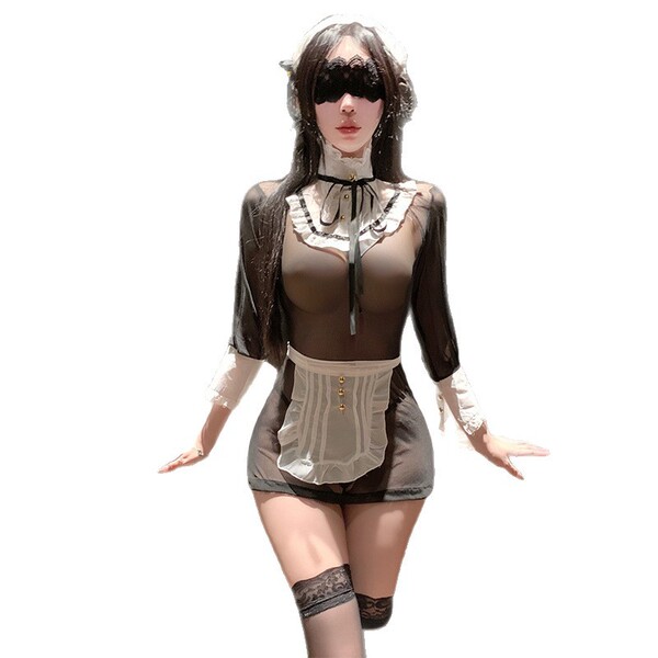 Sheer maid-themed lingerie set with lace details, corset waist, and thigh-high stockings for romantic nights.