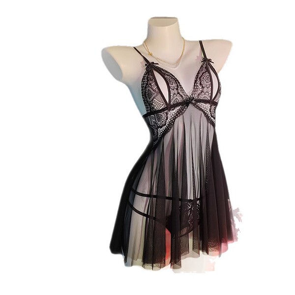 Black lace lingerie set with sheer overlay, featuring a seductive uniform style design for playful bedroom elegance.