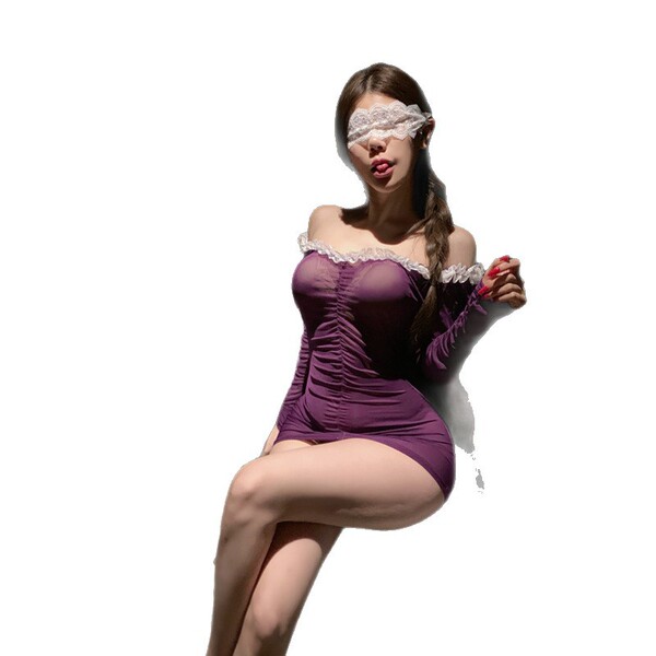 Woman wearing purple lingerie set with lace trim and eye mask, featuring removable elements for a playful nurse costume look.