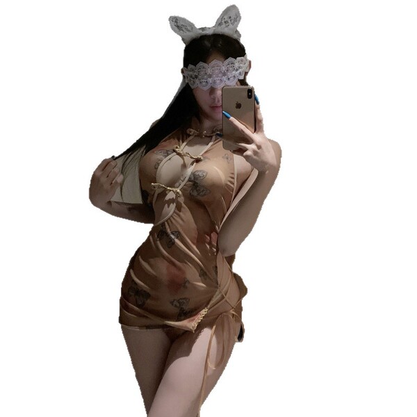 Woman wearing pure & playful lingerie set — seductive qipao-inspired sleepwear with lace blindfold, bunny ears, and floral em...