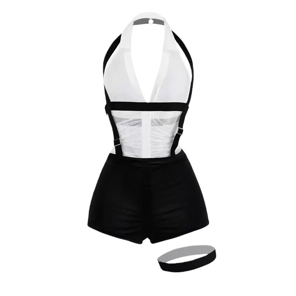 Black and white pure & playful lingerie set with halter top, shorts, and garter straps for romantic nights.