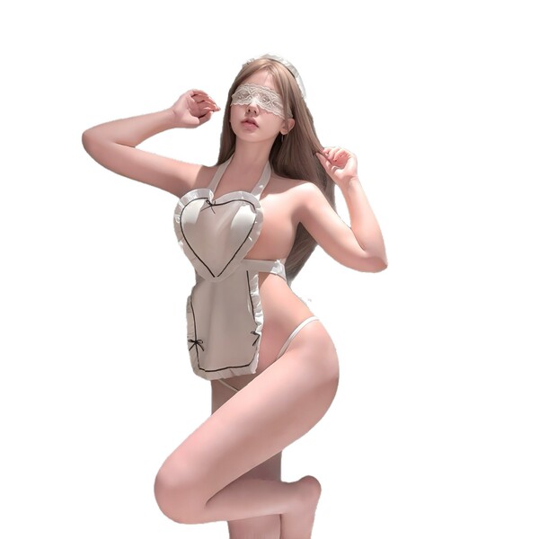 Woman in pure & playful lingerie set, sheer chef-style top with open-crotch design, posing seductively with blindfold.