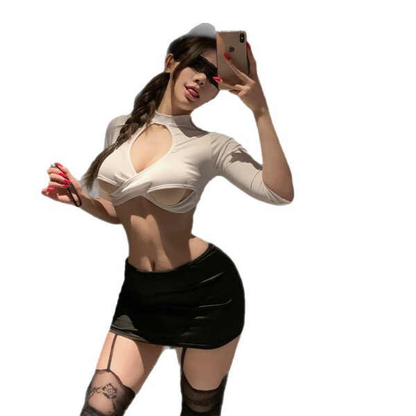 Woman in white sheer top and black mini skirt taking selfie, showcasing pure & playful lingerie set - seductive sheer secreta...