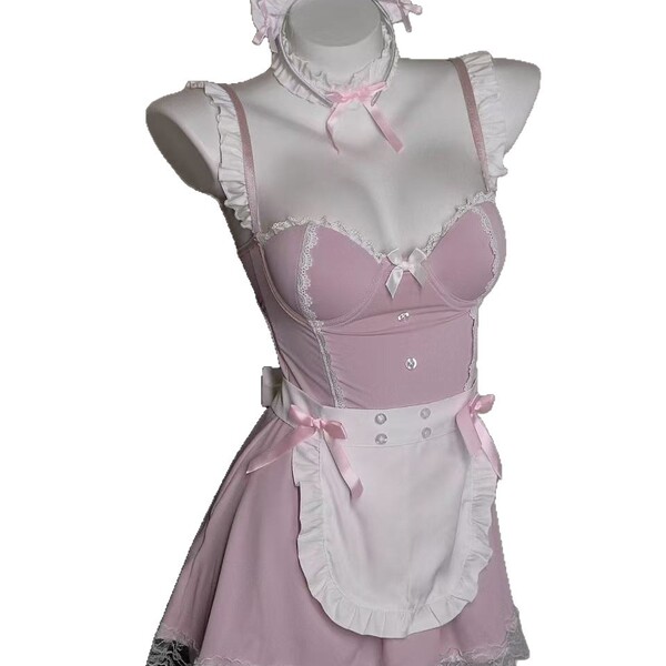 Pink lingerie dress with lace trim, bows, and apron - pure & playful lingerie set for seductive yet elegant sleepwear allure.