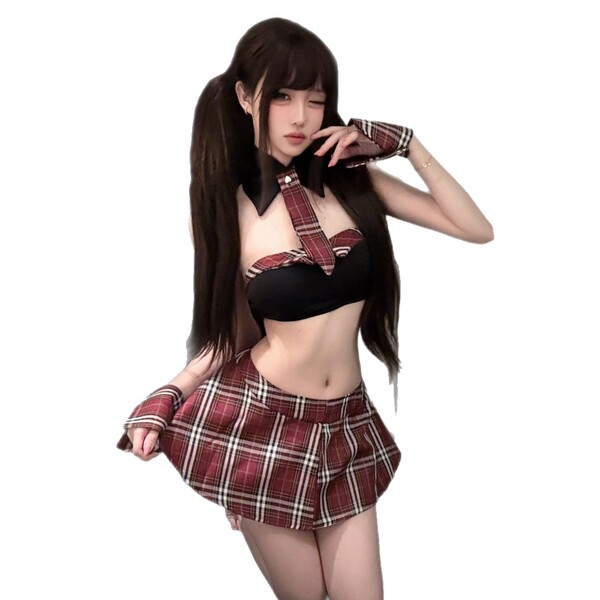 Woman modeling pure & playful lingerie set: red plaid pleated mini skirt, matching top with bow, fingerless gloves — sexy sch...