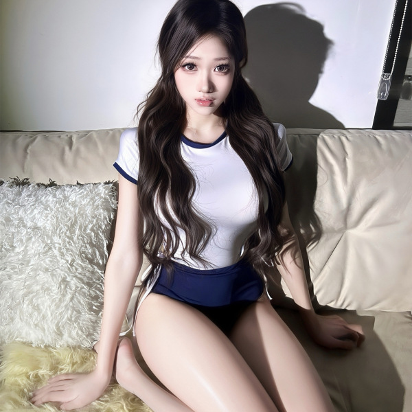 Woman lounging on couch in white and navy blue pure & playful lingerie set, featuring sheer babydoll chemise with matching th...