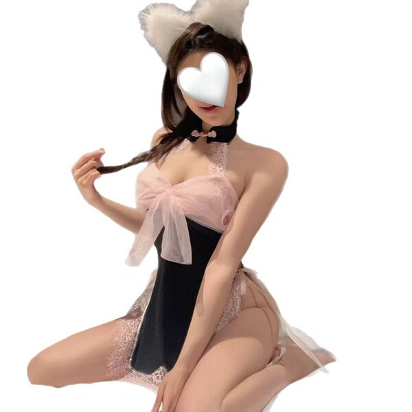 Woman in pure & playful lingerie set, a sexy maid costume with sheer mesh sleepwear, featuring a black dress, pink bow, and c...
