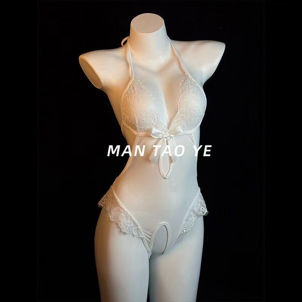 White sheer chemise lingerie set with lace trim and bow detail on mannequin - qqny pure & playful sensual sleepwear for women...