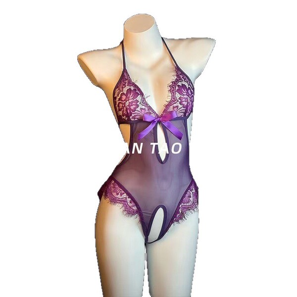 Purple sheer chemise with lace trim and bow detail - qqny premium sensual nightwear for women, elegant sleepwear set.
