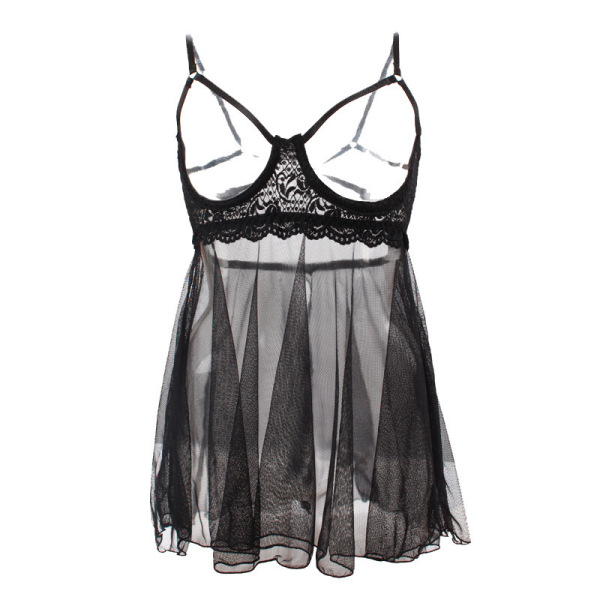 Black sheer lingerie dress with lace trim and adjustable straps, perfect for a flirty and playful look.