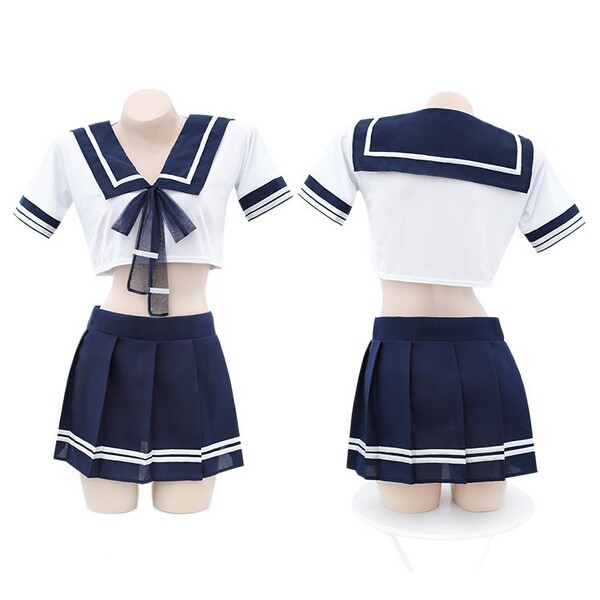 Pure & playful lingerie set: sexy student-style uniform sleepwear for couples play, featuring a navy and white sailor top and...