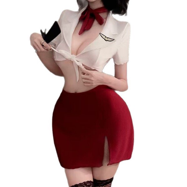 Woman in a playful, sheer lingerie set with a white blouse and red skirt, perfect for romantic nights.