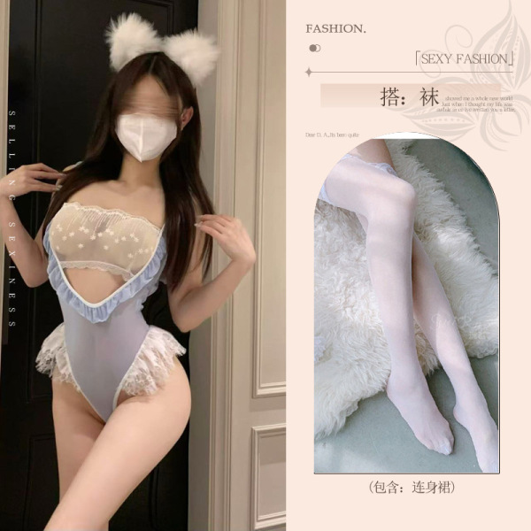 Woman wearing pure & playful lingerie for small busts – a seductive, no-remove intimate outfit with lace, ruffles, and matchi...