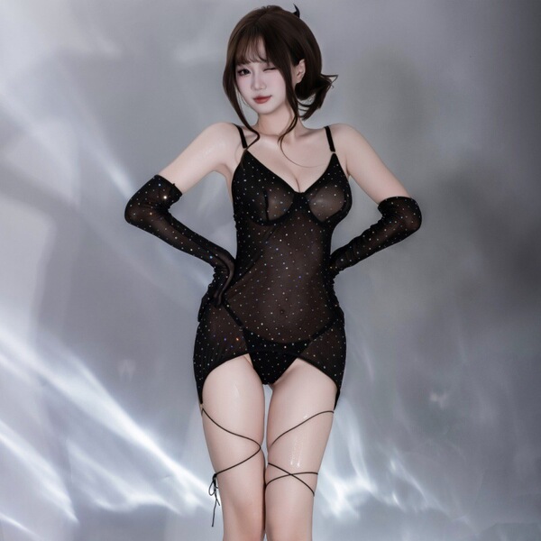 Pure & playful lingerie set - sparkling sheer mesh bodysuit with cutout straps & matching gloves