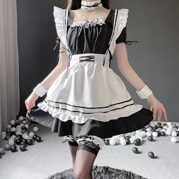 Pure & playful maid costume set - cute japanese schoolgirl cosplay outfit with black stockings & princess style