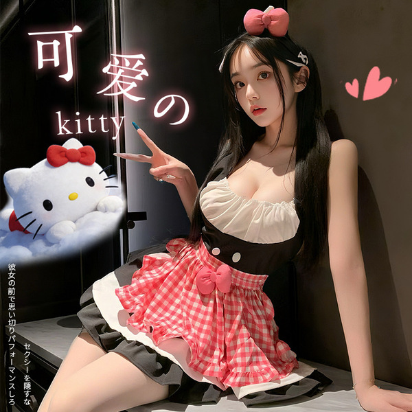 A stylish maid costume featuring a cute plaid skirt, playful design, and adorable bow headband, perfect for role play.