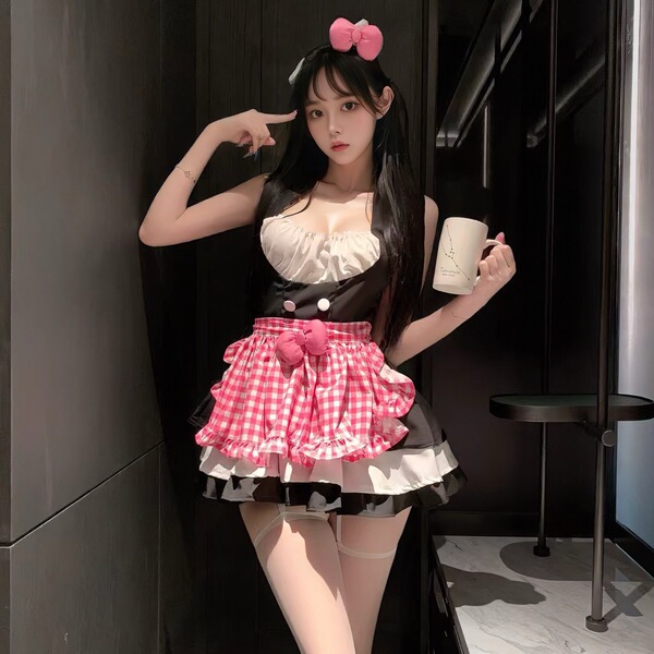 Pure & playful maid costume set featuring a cute flirty outfit with a plaid skirt, perfect for role play and qqny style fashi...