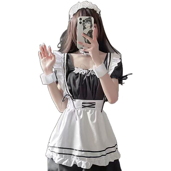 Pure & playful maid costume set - cute japanese schoolgirl cosplay outfit with black stockings & princess style