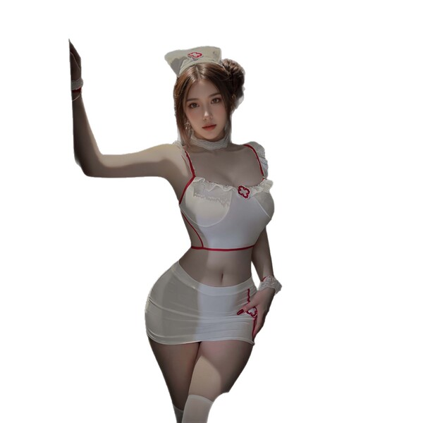 Sexy nurse costume lingerie set featuring a white outfit with red accents, perfect for plus-size women seeking playful and fl...