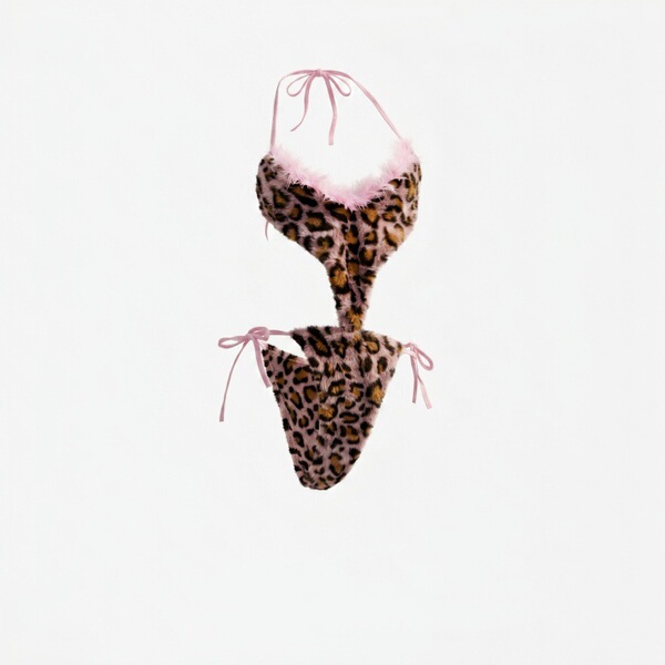 Pink leopard print bodysuit with fuzzy trim and lace-up corset detail for women.