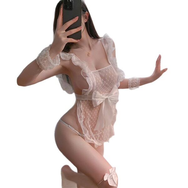 Pure & playful polka dot lace maid costume set - sexy no-undress sleepwear outfit for women, featuring sheer lace with bows a...