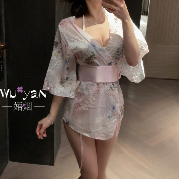 Sheer floral kimono lingerie set with lace trim, pink sash, and matching garter straps — modest yet sexy for couples.