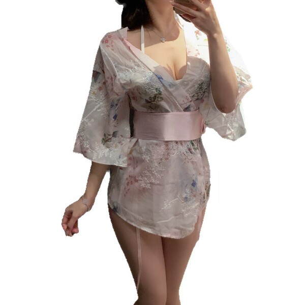 Sheer floral kimono lingerie set with pink sash, modest yet sexy design for couples.