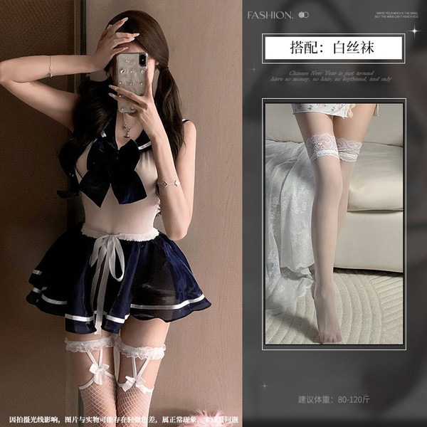 Night-Su Seductive Sailor Uniform Bodysuit - Cute Schoolgirl Puff Skirt Open-Crotch Lingerie for Women - Pure and alluring bodysuit + skirt + white stockings