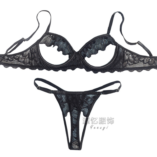 Luxury pure-seduction lingerie set featuring sheer lace open cups and crotchless design, perfect for adult intimate wear.