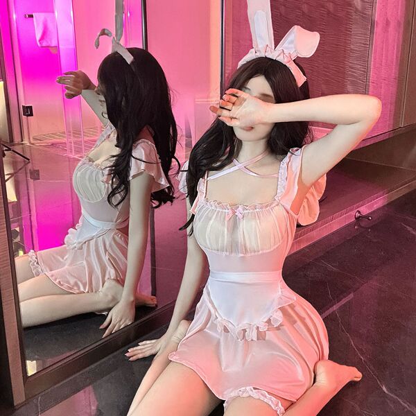 Pure & seductive bunny girl cosplay costume - lace trim sheer maid dress with short skirt & sexy sleepwear