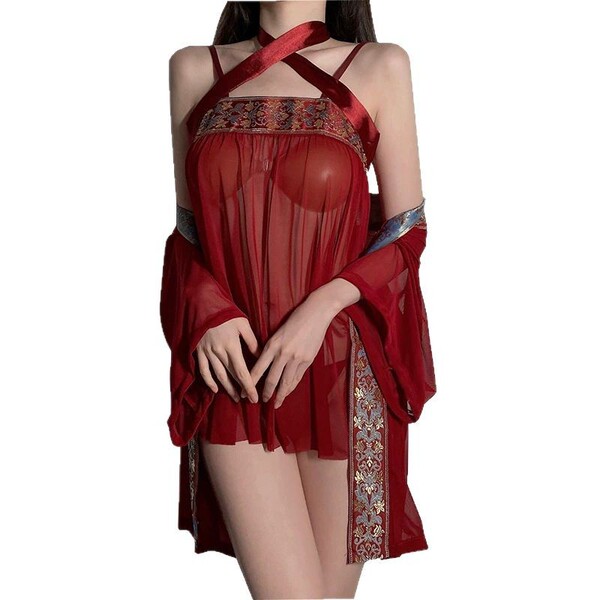 Pure & seductive chinese-inspired lingerie set featuring a vintage hanfu belly dance bodysuit with sheer mesh sleep dress, pe...